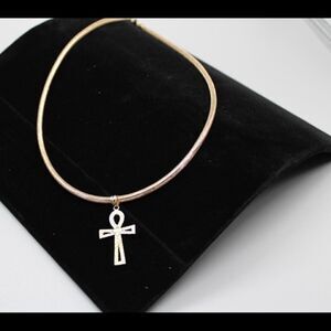 14k Gold Mesh Necklace and Ankh Cross